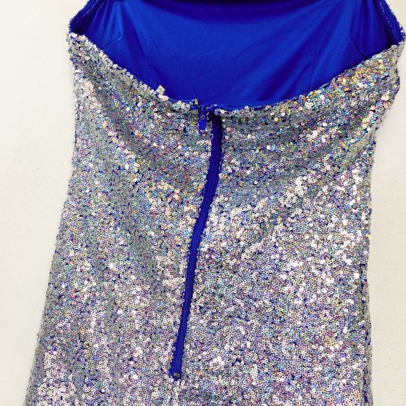 CHARLOTTE RUSSE Dress Silver Blue Bodycon Mini MEDIUM Cocktail Strapless Sparkle - Picture 7 of 9
